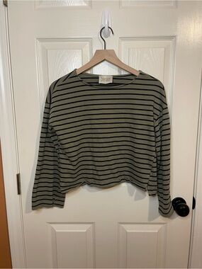 Benaar LA Striped Boat Neck Long Sleeve Top in Olive Green & Black Stripe Size M